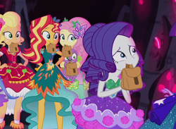Size: 522x382 | Tagged: safe, anonymous artist, edit, edited screencap, screencap, character:applejack, character:fluttershy, character:rarity, character:sunset shimmer, my little pony:equestria girls, bag, mouth hold