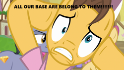 Size: 1280x720 | Tagged: safe, edit, edited screencap, screencap, character:caramel, episode:fame and misfortune, g4, my little pony: friendship is magic, all your base are belong to us, derp, dramamel, meme, ponyville, season 7, solo, text, zero wing