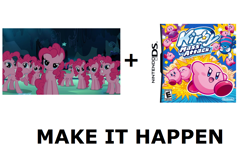 Size: 1238x802 | Tagged: safe, edit, edited screencap, screencap, character:pinkie pie, species:earth pony, species:pony, episode:too many pinkie pies, g4, my little pony: friendship is magic, all caps, clone, exploitable meme, female, kirby, kirby mass attack, kirby pie, make it happen, mare, meme, multeity, pinkie clone, too much pink energy is dangerous