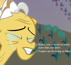 Size: 490x448 | Tagged: safe, edit, edited screencap, screencap, character:grand pear, episode:the perfect pear, g4, my little pony: friendship is magic, cropped, crying, implied pear butter, lullaby for a princess, lyrics, sad, song reference, sweet apple acres, tears of pain