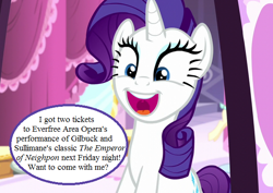Size: 600x425 | Tagged: safe, edit, edited screencap, screencap, character:rarity, episode:the saddle row review, g4, my little pony: friendship is magic, bronybait, carousel boutique, cropped, cute, dialogue, gilbert and sullivan, happy, invitation, raribetes, smiling, speech bubble