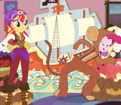 Size: 408x355 | Tagged: safe, edit, edited screencap, screencap, character:pinkie pie, character:sunset shimmer, episode:pinkie sitting, equestria girls:movie magic, g4, my little pony: equestria girls, my little pony:equestria girls, spoiler:eqg specials, animated, boots, clothing, dancing, monkey, outfit, pants, pirate, pirate ship, pirate sunset, shimmer me timbers, shoes, sunshim