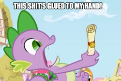 Size: 849x571 | Tagged: safe, edit, edited screencap, screencap, character:applejack, character:fluttershy, character:pinkie pie, character:spike, species:dragon, species:earth pony, species:pony, caption, female, funny, intro, male, mare, opening, scroll, vulgar