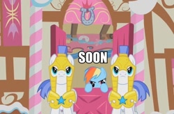 Size: 715x470 | Tagged: safe, edit, edited screencap, screencap, character:rainbow dash, species:earth pony, species:pony, episode:a bird in the hoof, g4, my little pony: friendship is magic, armor, caption, female, helmet, image macro, male, mare, royal guard, soon, stallion