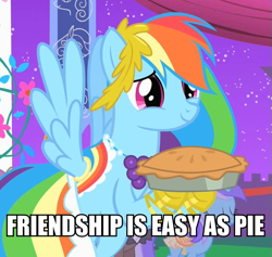 Size: 599x567 | Tagged: safe, edit, edited screencap, screencap, character:rainbow dash, species:pegasus, species:pony, episode:the best night ever, g4, my little pony: friendship is magic, caption, clothing, dress, female, gala dress, mare, pie, text