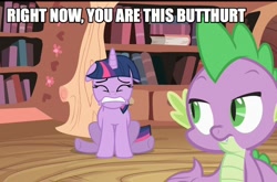 Size: 1060x698 | Tagged: safe, edit, edited screencap, screencap, character:spike, character:twilight sparkle, species:dragon, species:pony, species:unicorn, episode:lesson zero, g4, my little pony: friendship is magic, book, butthurt, caption, female, image macro, male, mare, sitting
