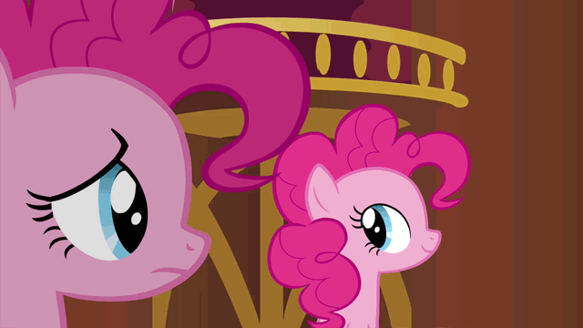 Size: 640x360 | Tagged: safe, edit, edited screencap, screencap, character:pinkie pie, species:earth pony, species:pony, episode:too many pinkie pies, g4, my little pony: friendship is magic, animated, clone, duo, faceless ponies, female, mare, multeity, no eyes, pinkie blind, pinkie clone, too much pink energy is dangerous