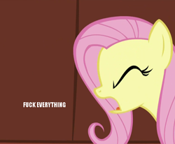 Size: 850x700 | Tagged: safe, edit, edited screencap, screencap, character:fluttershy, episode:green isn't your color, g4, my little pony: friendship is magic, caption, eyes closed, fuck, fuck everything, image macro, meme, open mouth, screaming, vulgar