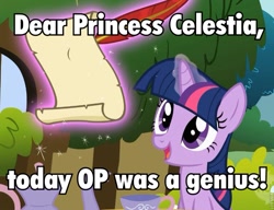 Size: 815x627 | Tagged: safe, edit, screencap, character:twilight sparkle, character:twilight sparkle (unicorn), species:pony, species:unicorn, episode:stare master, g4, my little pony: friendship is magic, caption, cute, female, glowing horn, happy, image macro, magic, mare, op, op is a genius, op is a swan, op is a swan (reaction image), open mouth, quill, reaction image, scroll, smiling, telekinesis, text, twiabetes, writing
