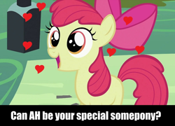 Size: 898x648 | Tagged: safe, edit, edited screencap, screencap, character:apple bloom, species:earth pony, species:pony, caption, female, filly, heart, solo, special somepony