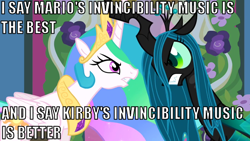 Size: 640x360 | Tagged: safe, edit, edited screencap, screencap, character:princess celestia, character:queen chrysalis, episode:a canterlot wedding, g4, my little pony: friendship is magic, angry, argument, duo, image macro, looking at each other