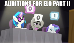 Size: 1486x863 | Tagged: safe, edit, edited screencap, screencap, character:dj pon-3, character:octavia melody, character:rarity, character:vinyl scratch, episode:bloom and gloom, g4, my little pony: friendship is magic, audition, auditions, electric light orchestra, elo, elo part 2, elo part ii, female, image macro, meme, music, music reference, the orchestra