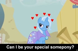 Size: 1024x670 | Tagged: safe, edit, edited screencap, screencap, character:trixie, species:pony, species:unicorn, bronybait, caption, cs captions, cute, female, heart, love, mare, solo, special somepony
