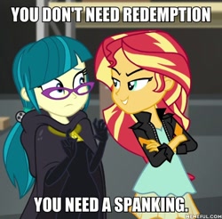 Size: 600x590 | Tagged: safe, edit, edited screencap, screencap, character:juniper montage, character:sunset shimmer, equestria girls:movie magic, g4, my little pony: equestria girls, my little pony:equestria girls, spoiler:eqg specials, image macro, imminent spanking, meme, out of character, sexual harassment