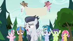 Size: 1280x720 | Tagged: safe, edit, edited screencap, screencap, character:kettle corn, character:mocha berry, character:rumble, character:skeedaddle, character:tulip swirl, species:pegasus, species:pony, episode:marks and recreation, g4, my little pony: friendship is magic, blank, blank flanks forever, colt, equal town banner, equal town banner meme, forest, male, meme