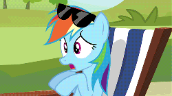 Size: 250x140 | Tagged: safe, edit, edited screencap, screencap, character:rainbow dash, species:pegasus, species:pony, episode:too many pinkie pies, g4, my little pony: friendship is magic, animated, beach chair, eww, female, gif, head shake, mare, solo, sunglasses