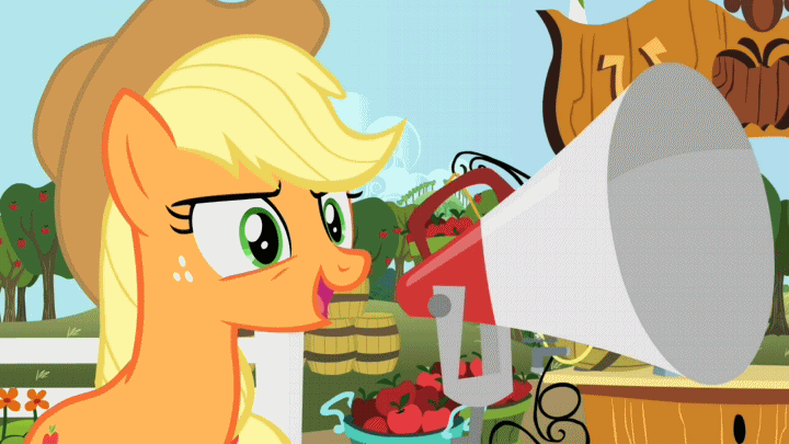 Size: 720x405 | Tagged: safe, edit, edited screencap, screencap, character:applejack, episode:the super speedy cider squeezy 6000, g4, my little pony: friendship is magic, animated, anti-bronybait, apple, apple tree, brutal honesty, funny, funny as hell, gif, love, megaphone, mouthpiece, sweet apple acres, tree, waifu, your waifu is shit, your waifu is trash, your waifu will never love you