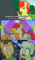 Size: 1216x2048 | Tagged: safe, edit, edited screencap, screencap, character:bright mac, character:grand pear, character:granny smith, character:pear butter, species:earth pony, species:pony, episode:the perfect pear, g4, my little pony: friendship is magic, caption, chinese, female, male, mare, stallion, wide eyes, young grand pear, young granny smith, younger