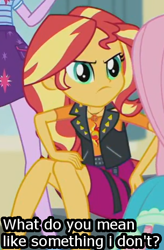 Size: 305x464 | Tagged: safe, edit, edited screencap, screencap, character:sunset shimmer, character:twilight sparkle, character:twilight sparkle (scitwi), species:eqg human, episode:overpowered, g4, my little pony: equestria girls, my little pony:equestria girls, >:c, angry, cropped, cute, frown, image macro, madorable, meme, shimmerbetes, sunset shimmer is not amused, unamused, upset