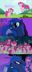Size: 500x1115 | Tagged: safe, edit, edited screencap, screencap, character:pinkie pie, character:princess luna, species:earth pony, species:pony, episode:too many pinkie pies, g4, my little pony: friendship is magic, backwards hub logo, clone, clones, comic, cute, doubled, female, fun, mare, meme, pinkie clone, quadrupled, quintupled, sextupled, that cute clone, the fun has been doubled, tripled