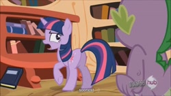 Size: 1600x900 | Tagged: safe, edit, edited screencap, screencap, character:spike, character:twilight sparkle, species:dragon, species:pony, species:unicorn, episode:the crystal empire, g4, my little pony: friendship is magic, butt, caption, female, hub logo, male, mare, plot, youtube caption, youtube link