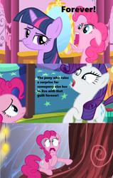 Size: 1280x2013 | Tagged: safe, edit, edited screencap, screencap, character:pinkie pie, character:rarity, character:twilight sparkle, species:earth pony, species:pony, species:unicorn, episode:green isn't your color, episode:the one where pinkie pie knows, g4, my little pony: friendship is magic, season 1, season 5, a taste of their own medicine, angry face, bed, carousel boutique, forever, freaking out, mirror, slowpoke, stars, tree roots, twilight's castle
