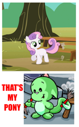 Size: 625x1000 | Tagged: safe, edit, edited screencap, screencap, character:sweetie belle, species:pony, species:unicorn, episode:the show stoppers, g4, my little pony: friendship is magic, dusting, female, filly, foal, kacheek, meme, neopets, prehensile tail, red text, solo, sweepy belle, tail hold, that's my pony, that's my x