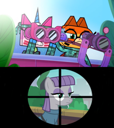Size: 1272x1433 | Tagged: safe, edit, edited screencap, screencap, character:maud pie, species:earth pony, species:pony, spoilers for another series, cartoon network, crosshair, crossover, dr. fox, female, lego, mare, meme, the lego movie, this will end in happiness, this will end in tears, this will not end well, unikitty, unikitty! (tv series)