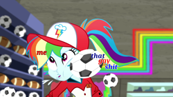Size: 1920x1080 | Tagged: safe, edit, screencap, character:rainbow dash, episode:epic fails, eqg summertime shorts, g4, my little pony: equestria girls, my little pony:equestria girls, abuse, ball, cap, clothing, dashabuse, faec, female, football, gay, hat, male, meme, ouch, ponytail, solo, sports, that gay shit, vulgar