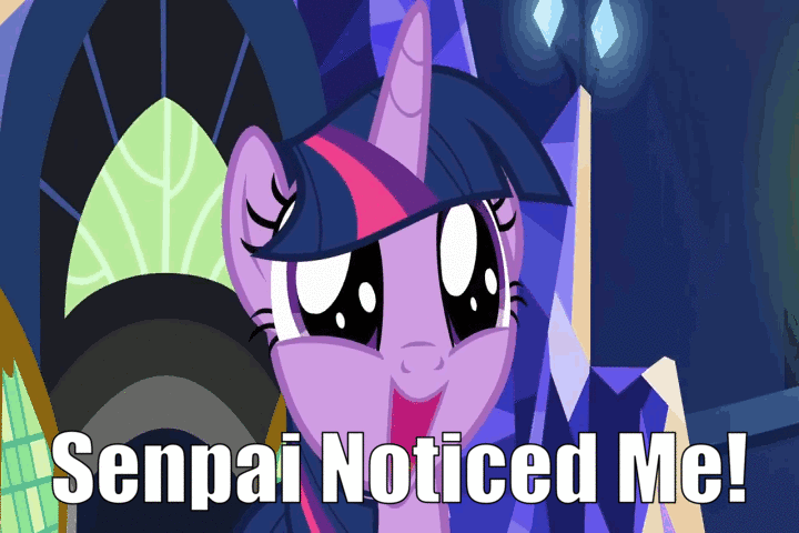 Size: 720x480 | Tagged: safe, edit, edited screencap, screencap, character:twilight sparkle, character:twilight sparkle (alicorn), species:alicorn, species:pony, episode:shadow play, g4, my little pony: friendship is magic, adorkable, animated, caption, cute, dork, eye shimmer, female, gif, reaction image, senpai noticed me, solo, twiabetes, twilight's castle