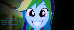 Size: 1366x558 | Tagged: safe, edit, edited screencap, screencap, character:rainbow dash, my little pony:equestria girls, dialogue, female, grin, looking at you, manip, smiling, solo, yandere, yanderebow dash