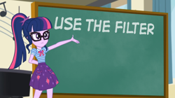 Size: 1024x575 | Tagged: safe, edit, edited screencap, screencap, character:twilight sparkle, character:twilight sparkle (scitwi), species:eqg human, derpibooru, episode:overpowered, g4, my little pony: equestria girls, my little pony:equestria girls, chalkboard, exploitable meme, female, filters, geode of telekinesis, magical geodes, meme, meta, ponytail, public service announcement, sci-twi's chalkboard, tags, twilight sparkle's chalkboard