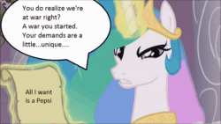 Size: 1920x1080 | Tagged: safe, edit, edited screencap, screencap, character:princess celestia, episode:the crystal empire, g4, my little pony: friendship is magic, animated, institutionalized, pepsi, scroll, soda, sound, suicidal tendencies, webm