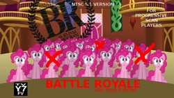 Size: 640x360 | Tagged: safe, edit, edited screencap, screencap, character:pinkie pie, species:earth pony, species:pony, episode:too many pinkie pies, g4, my little pony: friendship is magic, battle royale, clone, female, mare, multeity, pinkie clone, pinkie genocide, tara strong, too much pink energy is dangerous, tv rating, tv-y7