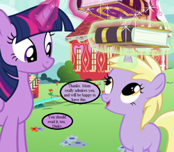 Size: 640x560 | Tagged: safe, edit, edited screencap, screencap, character:dinky hooves, character:twilight sparkle, character:twilight sparkle (alicorn), species:alicorn, species:pony, episode:fame and misfortune, g4, my little pony: friendship is magic, book, cropped, dialogue, friendship journal, implied derpy, magic, magic aura, ponyville schoolhouse, speech bubble