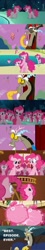 Size: 343x1912 | Tagged: safe, edit, edited screencap, screencap, character:discord, character:pinkie pie, species:draconequus, species:earth pony, species:pony, episode:the return of harmony, episode:too many pinkie pies, g4, my little pony: friendship is magic, balloon hand, chaos, clone, comic, discorded landscape, female, food, male, mare, mirror pool, multeity, pinkie blind, pinkie clone, pond, popcorn, screencap comic, too much pink energy is dangerous, wet mane