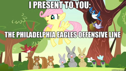Size: 625x351 | Tagged: safe, edit, edited screencap, screencap, character:fluttershy, species:bird, species:rabbit, episode:the cutie mark chronicles, g4, my little pony: friendship is magic, female, filly, filly fluttershy, frog, image macro, meme, obligatory pony, sports, squirrel, younger