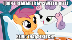 Size: 636x351 | Tagged: safe, edit, edited screencap, screencap, character:scootaloo, character:sweetie belle, species:pegasus, species:pony, episode:stare master, g4, my little pony: friendship is magic, bed, long neck, luigi, mario, meme, quote, sweetie giraffe, the adventures of mario and luigi, vinesauce, vinny (vinesauce)