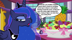 Size: 1280x720 | Tagged: safe, edit, edited screencap, screencap, character:princess luna, species:alicorn, species:pony, episode:a royal problem, g4, my little pony: friendship is magic, astronaut, bags under eyes, canterlot castle, dialogue, exhausted, female, fruit, fruit basket, implied human, implied princess celestia, luna and the nauts, mare, season 7, solo, speech bubble, table, tired, window