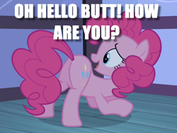 Size: 802x606 | Tagged: safe, edit, edited screencap, screencap, character:pinkie pie, episode:baby cakes, g4, my little pony: friendship is magic, butt, caption, image macro, meme, pinkie being pinkie, plot, question, talking to butt