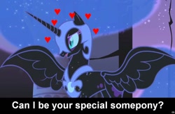 Size: 1024x671 | Tagged: safe, edit, edited screencap, screencap, character:nightmare moon, character:princess luna, species:alicorn, species:pony, bronybait, caption, cs captions, female, heart, love, mare, solo, special somepony, spread wings, text, wings