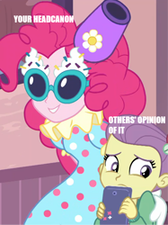 Size: 766x1024 | Tagged: safe, edit, edited screencap, screencap, character:pinkie pie, episode:pinkie sitting, g4, my little pony: equestria girls, my little pony:equestria girls, clown, headcanon, image macro, lily pad (equestria girls), meme, party cannon, pun, visual gag, young