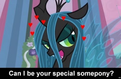 Size: 1024x671 | Tagged: safe, edit, edited screencap, screencap, character:queen chrysalis, species:changeling, bedroom eyes, bronybait, caption, changeling queen, cs captions, fangs, female, heart, implied, love, solo, special somepony, text
