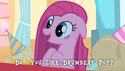 Size: 1280x720 | Tagged: safe, edit, edited screencap, screencap, character:pinkamena diane pie, character:pinkie pie, episode:party of one, g4, my little pony: friendship is magic, american psycho, cute, reaction image, smiling