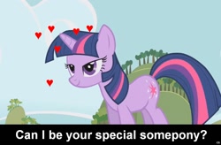 Size: 1024x670 | Tagged: safe, edit, edited screencap, screencap, character:twilight sparkle, species:pony, species:unicorn, bedroom eyes, caption, cs captions, female, heart, implied, love, mare, solo, special somepony, text