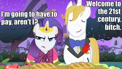 Size: 960x540 | Tagged: safe, edit, edited screencap, screencap, character:prince blueblood, character:rarity, episode:the best night ever, g4, my little pony: friendship is magic, annoyed, apple fritter (food), caption, clothing, dress, eyes closed, food, gala dress, image macro, meme, vulgar