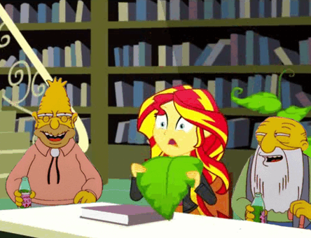 Size: 444x340 | Tagged: safe, edit, edited screencap, screencap, character:sunset shimmer, episode:epic fails, eqg summertime shorts, g4, my little pony: equestria girls, my little pony:equestria girls, animated, book, drugs, grampa simpson, library, plant, sheet, simpsons did it, the simpsons