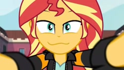 Size: 1280x720 | Tagged: safe, edit, edited screencap, screencap, character:sunset shimmer, equestria girls:friendship games, g4, my little pony: equestria girls, my little pony:equestria girls, :3, bedroom eyes, canterlot high, catface, cropped, faec, inverted mouth, looking at you, she knows, smugset shimmer