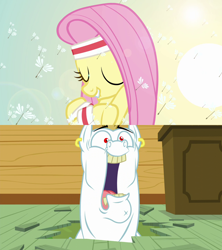 Size: 1280x1440 | Tagged: safe, edit, edited screencap, screencap, character:bulk biceps, character:fluttershy, ship:flutterbulk, episode:hurricane fluttershy, episode:on your marks, g4, my little pony: friendship is magic, adorasexy, aroused, clubhouse, crusaders clubhouse, cute, dandelion, ear piercing, earring, faec, female, forelegs crossed, headband, hole, jewelry, lip bite, male, piercing, sexy, shipping, shipping domino, shoulders, smiling, straight, sun, sweatband, wristband, yeah