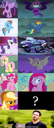 Size: 1264x2954 | Tagged: safe, edit, edited screencap, screencap, character:applejack, character:evil pie hater dash, character:flutterbat, character:fluttershy, character:midnight sparkle, character:nightmare rarity, character:pinkamena diane pie, character:pinkie pie, character:rainbow dash, character:rarity, character:twilight sparkle, character:twilight sparkle (alicorn), character:twilight sparkle (scitwi), species:alicorn, species:bat pony, species:eqg human, species:pony, episode:bats!, episode:party of one, episode:secrets and pies, equestria girls:friendship games, g4, my little pony: equestria girls, my little pony: friendship is magic, my little pony:equestria girls, spoiler:comic, avengers: age of ultron, dark side, mane six, midnight sparkle, odd one out, question mark, race swap, tony stark, wrong aspect ratio